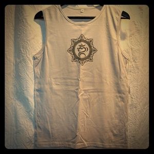 Mens light grey yoga tank with dark grey symbol M